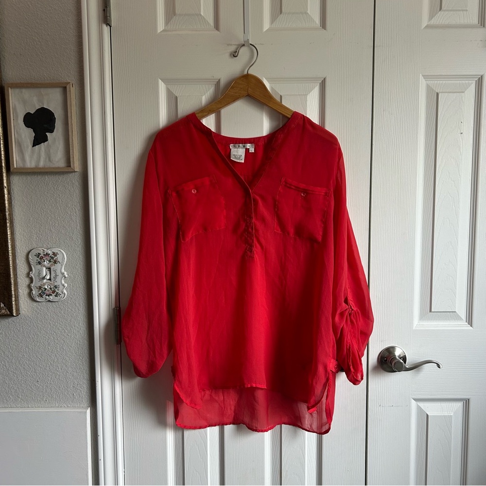 red semi sheer roll sleeve v neck half button down layering blouse w/ pockets